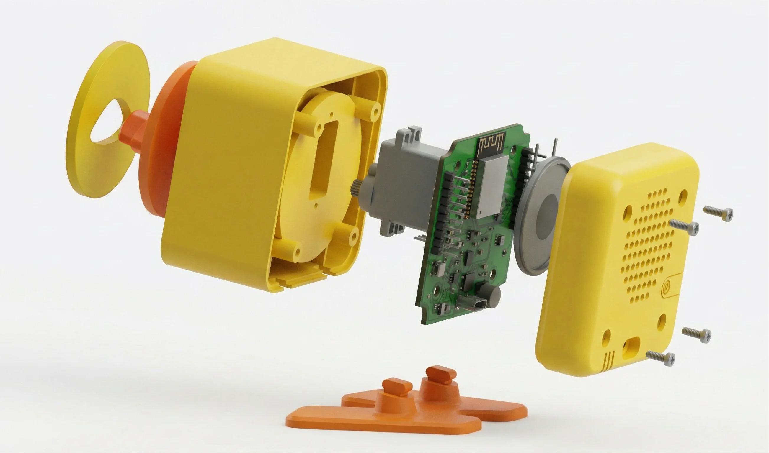 Exploded CAD render of Duck Duck Duck with shell halves, beak, feet, PCB, servo, and speaker pulled apart to reveal how the hardware fits together