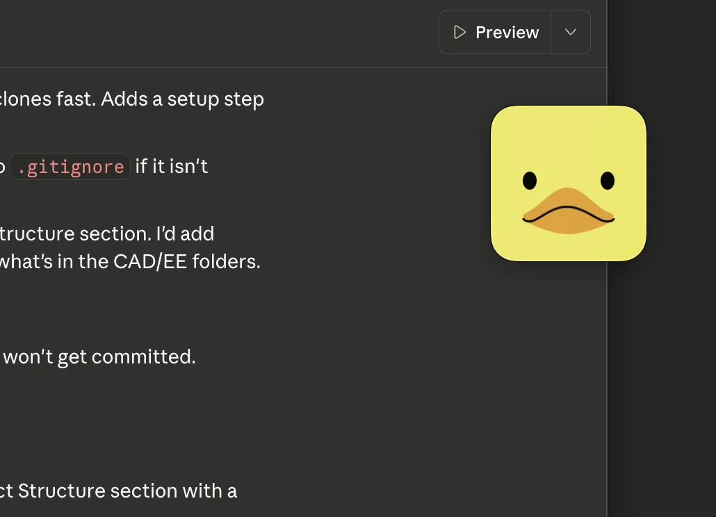 The Duck Duck Duck macOS widget floating over a code editor, showing the duck's face peeking in from the corner of the screen